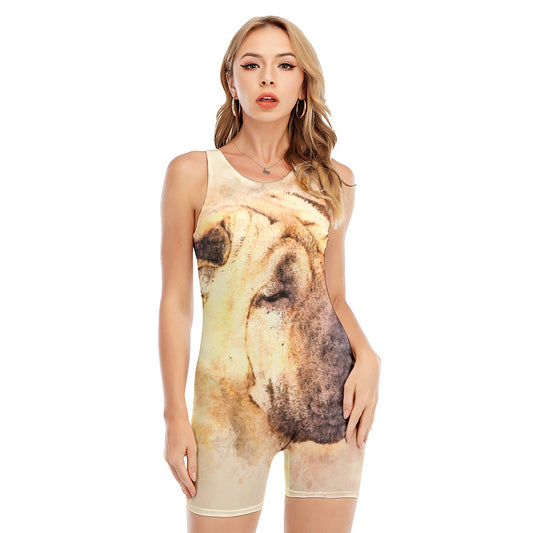 Shar Pei Portrait Print Sleeveless One Piece Swimsuit
