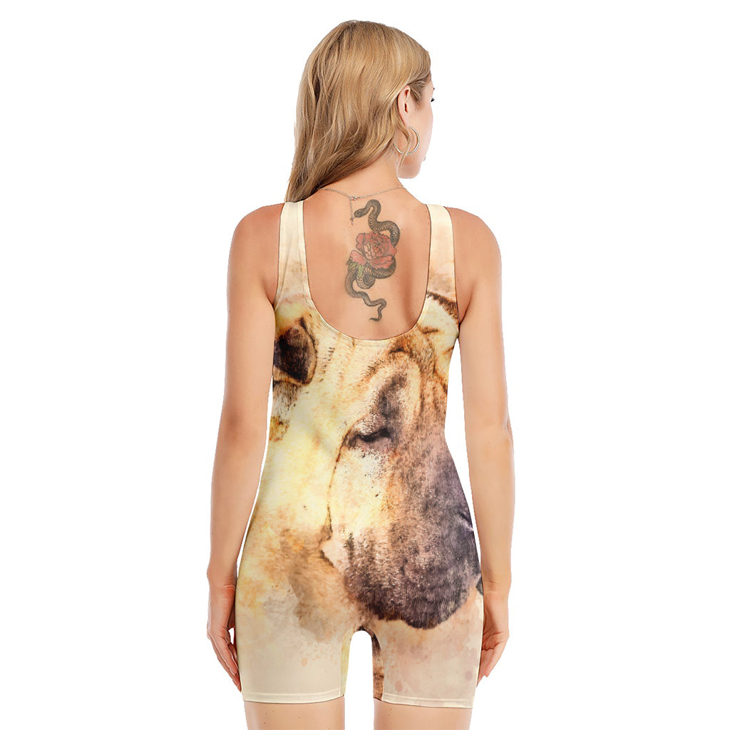 Shar Pei Portrait Print Sleeveless One Piece Swimsuit