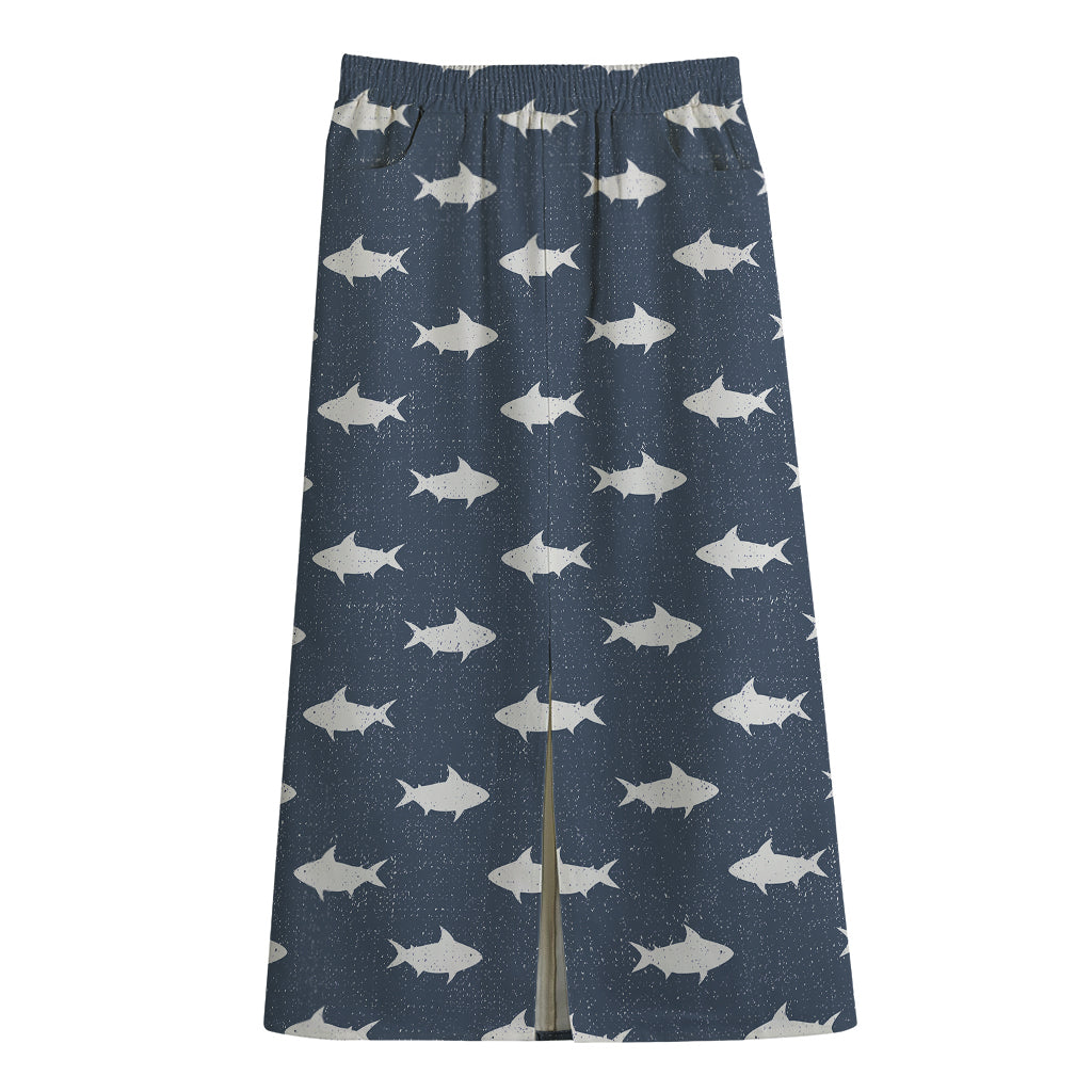 Shark Fish Pattern Print Cotton Front Slit Maxi Skirt