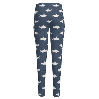 Shark Fish Pattern Print High-Waisted Pocket Leggings