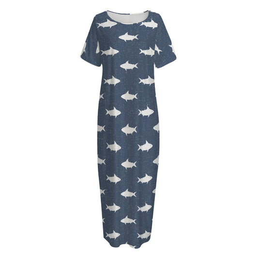 Shark Fish Pattern Print Short Sleeve Long Nightdress
