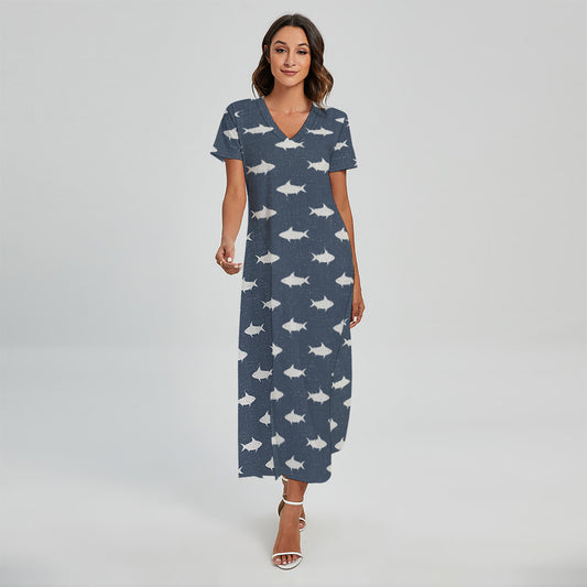 Shark Fish Pattern Print Short Sleeve Maxi Dress