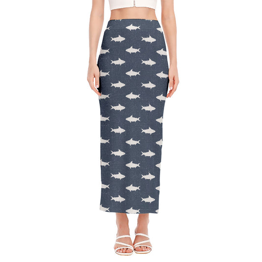 Shark Fish Pattern Print Side Slit Maxi Skirt