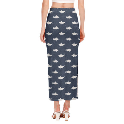 Shark Fish Pattern Print Side Slit Maxi Skirt