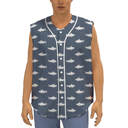 Shark Fish Pattern Print Sleeveless Baseball Jersey