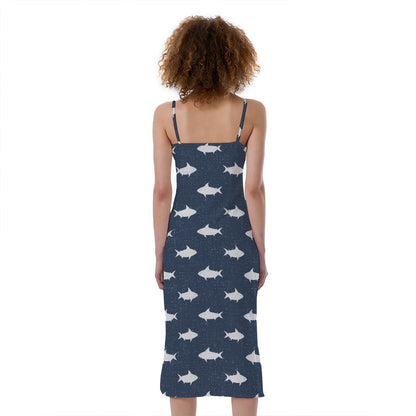 Shark Fish Pattern Print Slim Fit Midi Cami Dress