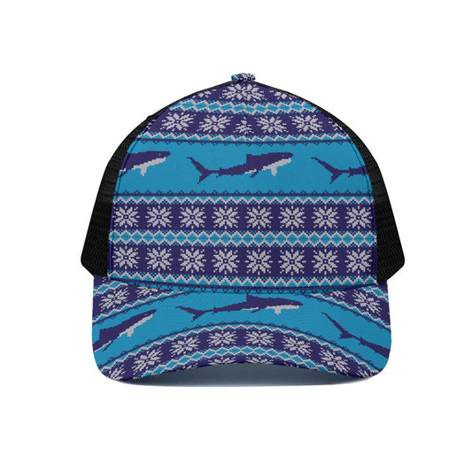 Shark Knitted Pattern Print Black Mesh Trucker Cap