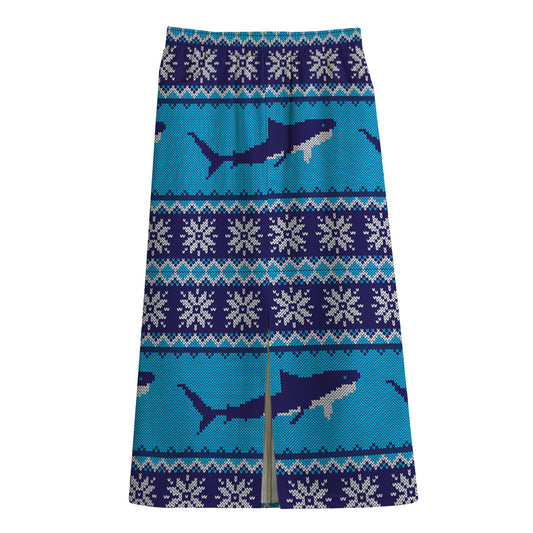 Shark Knitted Pattern Print Cotton Front Slit Maxi Skirt