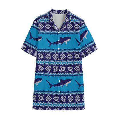 Shark Knitted Pattern Print Cotton Hawaiian Shirt