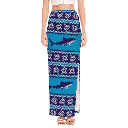 Shark Knitted Pattern Print High Slit Maxi Skirt