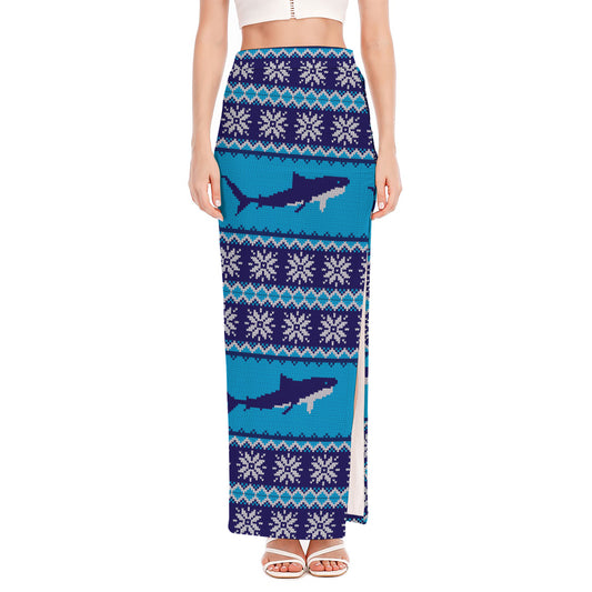 Shark Knitted Pattern Print High Slit Maxi Skirt