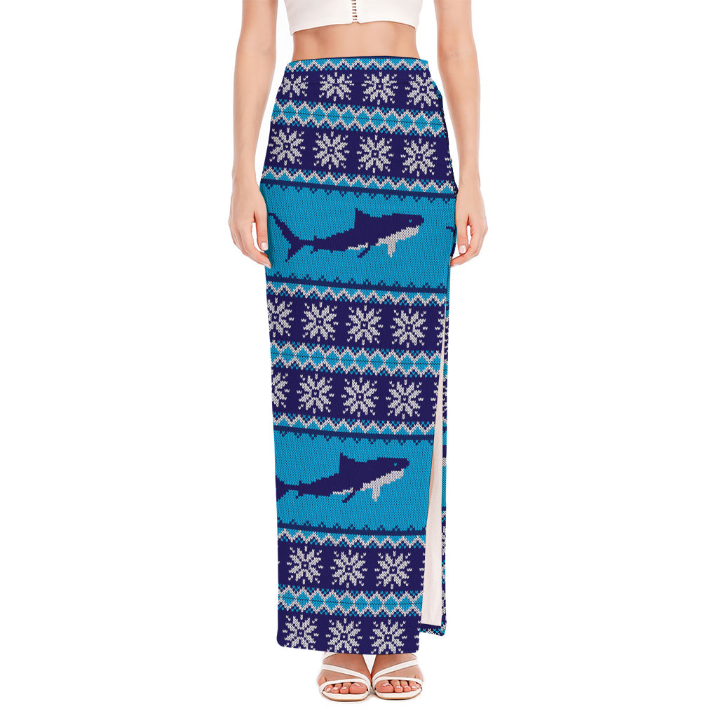 Shark Knitted Pattern Print High Slit Maxi Skirt