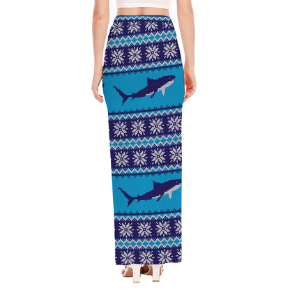 Shark Knitted Pattern Print High Slit Maxi Skirt