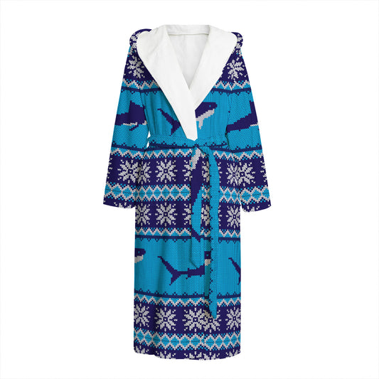 Shark Knitted Pattern Print Hooded Bathrobe