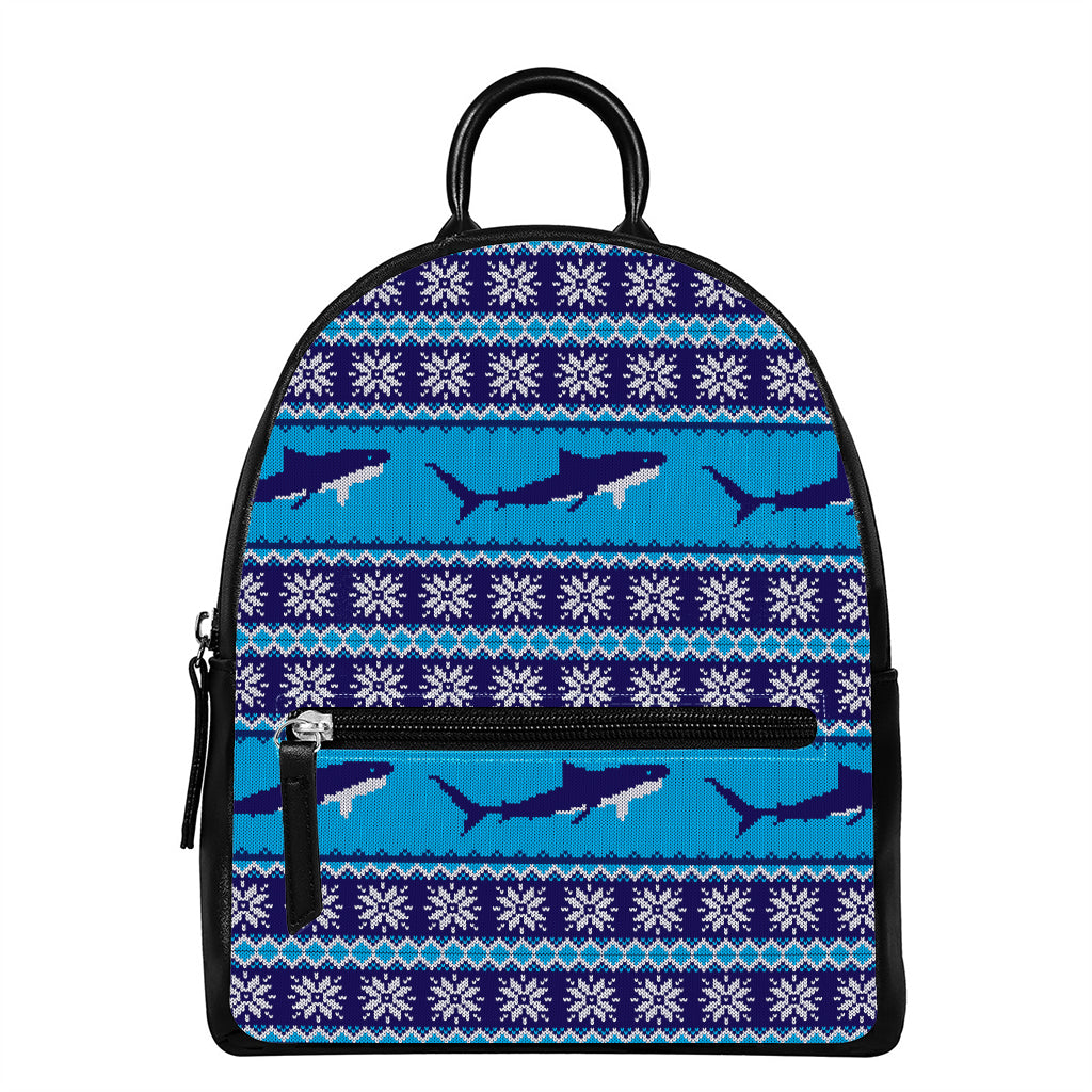 Shark Knitted Pattern Print Leather Backpack