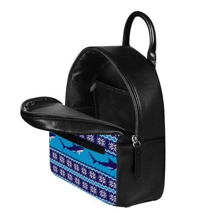Shark Knitted Pattern Print Leather Backpack