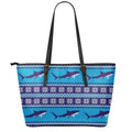Shark Knitted Pattern Print Leather Tote Bag With Zipper