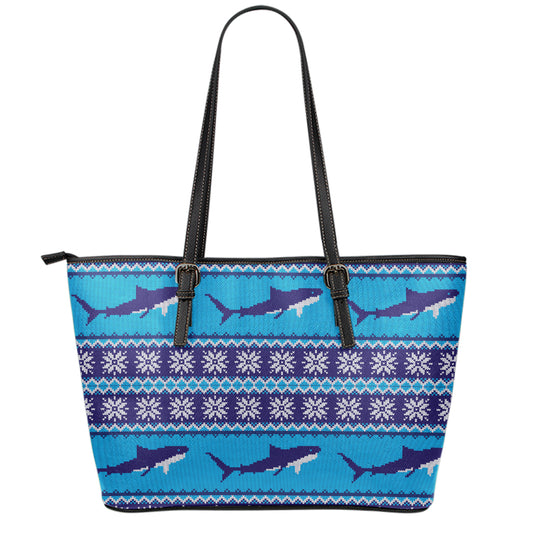 Shark Knitted Pattern Print Leather Tote Bag