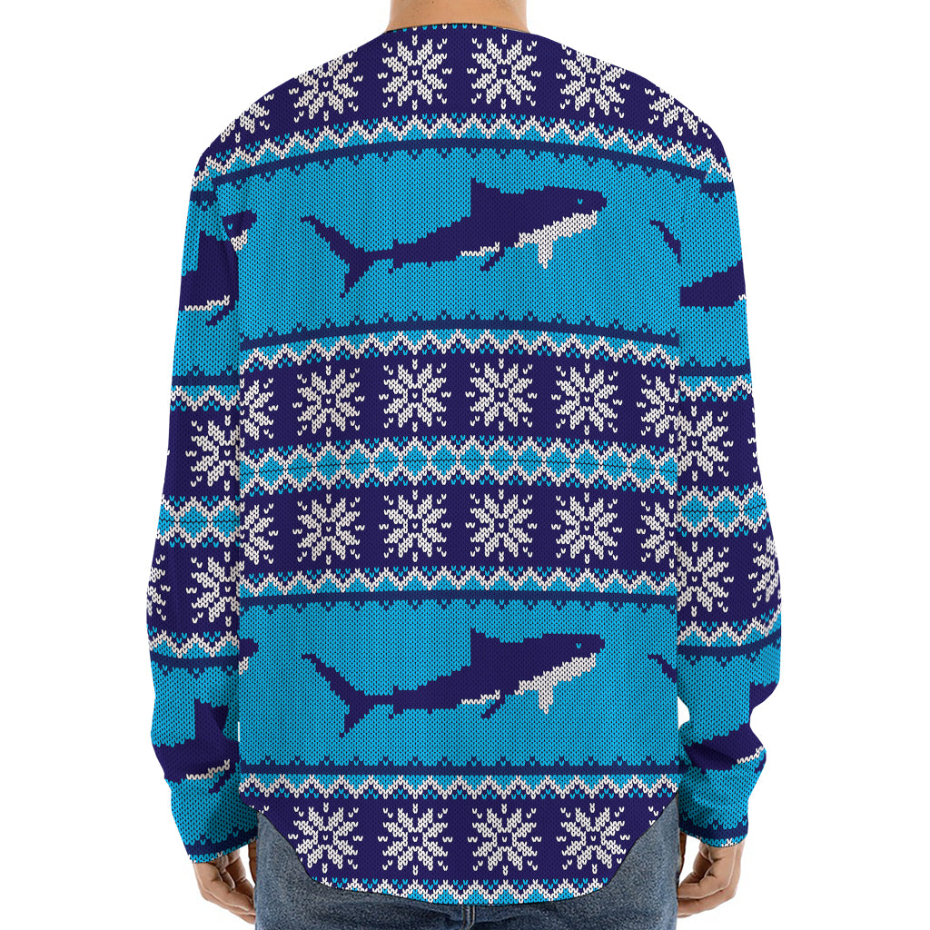 Shark Knitted Pattern Print Long Sleeve Baseball Jersey