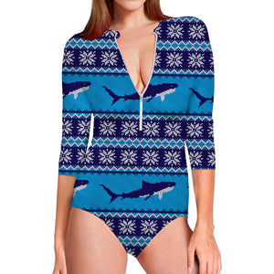 Shark Knitted Pattern Print Long Sleeve Swimsuit