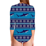 Shark Knitted Pattern Print Long Sleeve Swimsuit