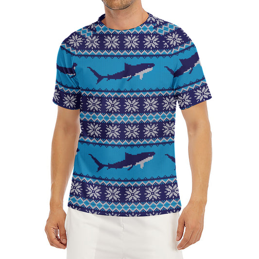 Shark Knitted Pattern Print Men's Short Sleeve Rash Guard