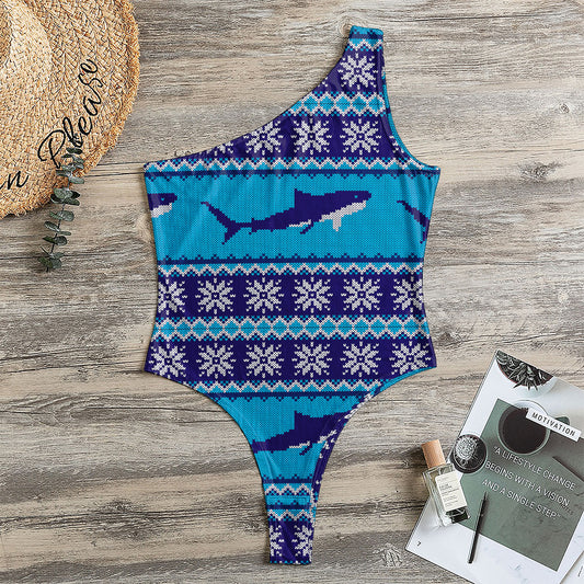 Shark Knitted Pattern Print One Shoulder Bodysuit