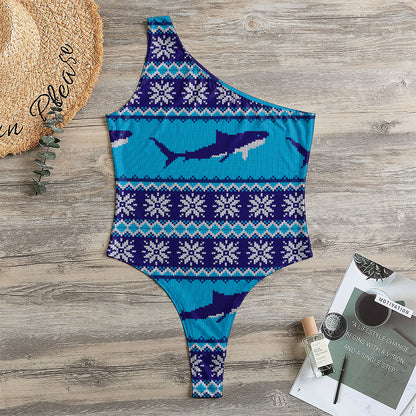 Shark Knitted Pattern Print One Shoulder Bodysuit