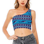 Shark Knitted Pattern Print One Shoulder Crop Top