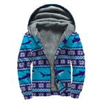 Shark Knitted Pattern Print Sherpa Lined Zip Up Hoodie