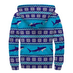 Shark Knitted Pattern Print Sherpa Lined Zip Up Hoodie
