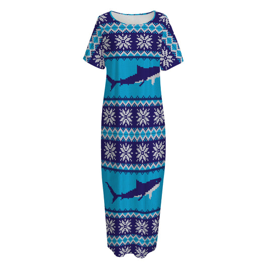 Shark Knitted Pattern Print Short Sleeve Long Nightdress