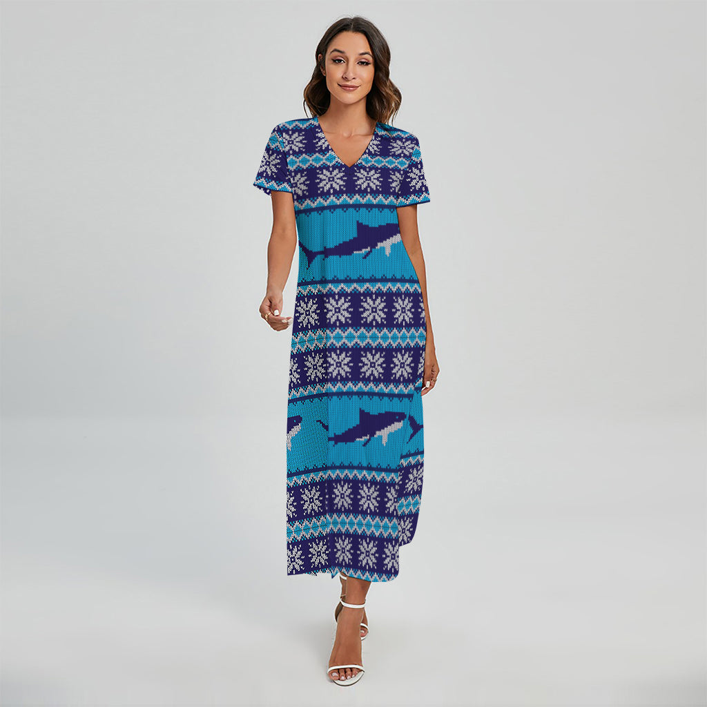 Shark Knitted Pattern Print Short Sleeve Maxi Dress