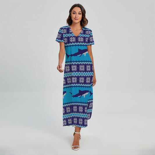Shark Knitted Pattern Print Short Sleeve Maxi Dress