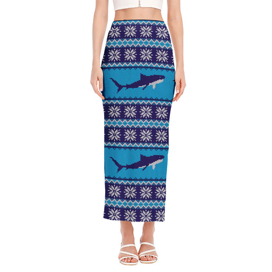 Shark Knitted Pattern Print Side Slit Maxi Skirt