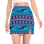 Shark Knitted Pattern Print Side Slit Mini Skirt