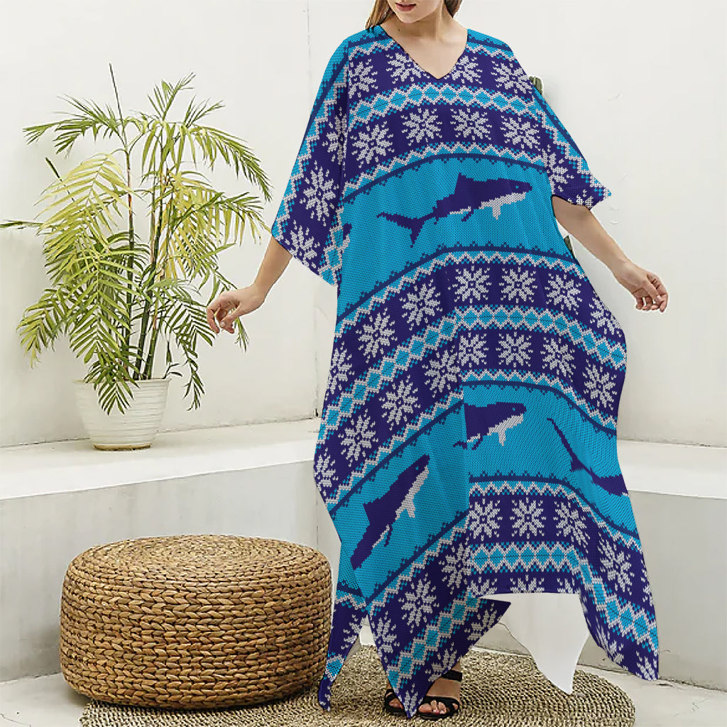 Shark Knitted Pattern Print Silk V-Neck Kaftan Dress