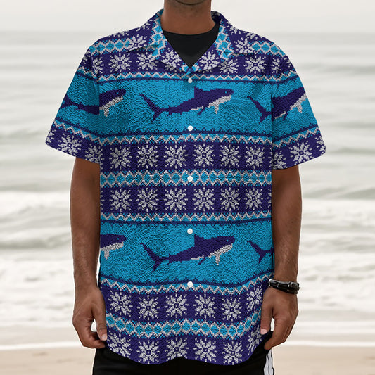 Shark Knitted Pattern Print Textured Short Sleeve Shirt