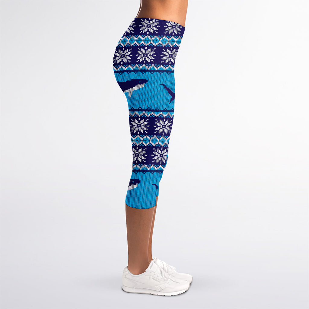 Shark Knitted Pattern Print Women's Capri Leggings