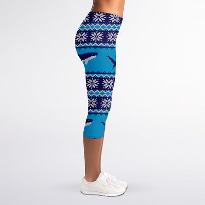 Shark Knitted Pattern Print Women's Capri Leggings