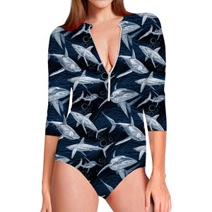 Shark Underwear Pattern Print Long Sleeve Swimsuit