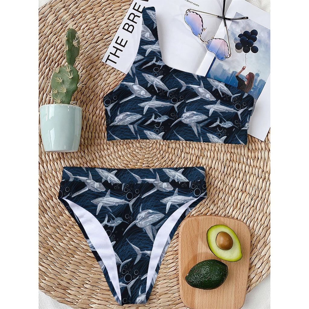 Shark Underwear Pattern Print One Shoulder Bikini Top