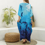 Shark Underwear Print Silk V-Neck Kaftan Dress