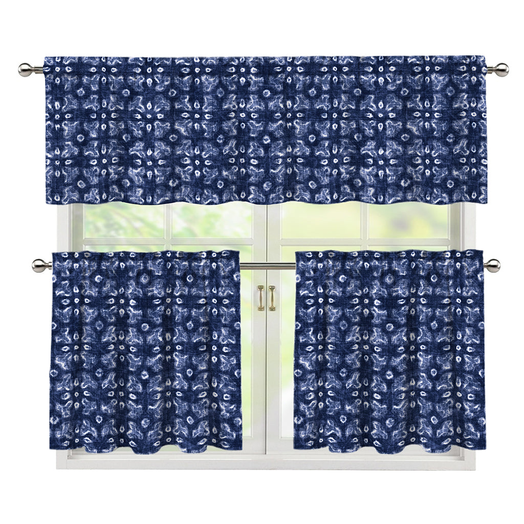 Shibori Floral Pattern Print 3 Piece Kitchen Curtains