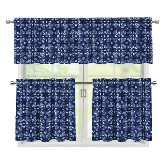 Shibori Floral Pattern Print 3 Piece Kitchen Curtains