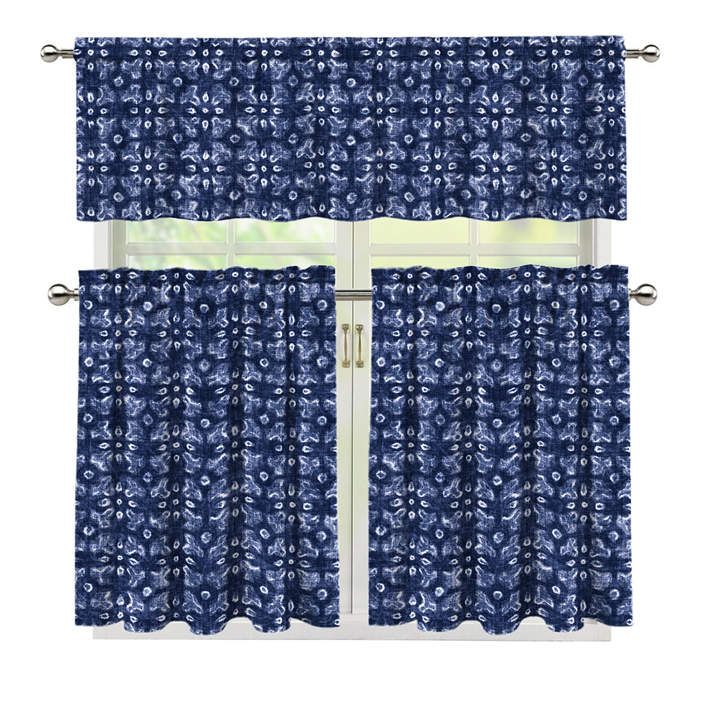 Shibori Floral Pattern Print 3 Piece Kitchen Curtains
