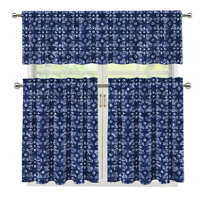 Shibori Floral Pattern Print 3 Piece Kitchen Curtains