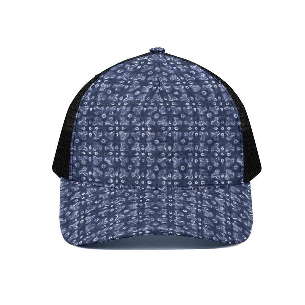 Shibori Floral Pattern Print Black Mesh Trucker Cap