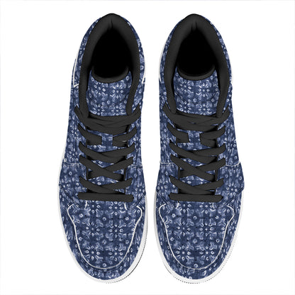 Shibori Floral Pattern Print High Top Leather Sneakers