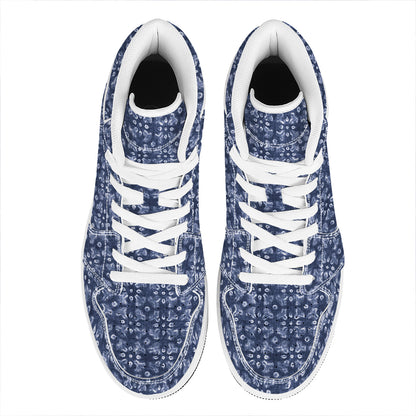Shibori Floral Pattern Print High Top Leather Sneakers